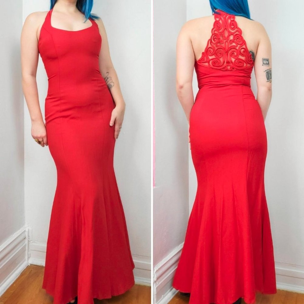 Vintage 90s Jessica McClintock Gunne Sax Red Halter Maxi Dress / Prom Gown